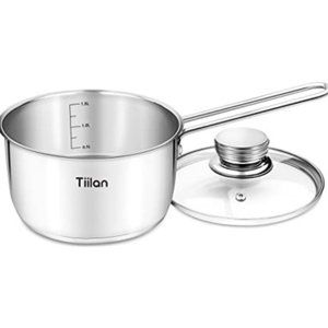 1.5QT - Sauce Pan - Milk Pan w/ Glass Lid + Measurement Markings  (Silver)